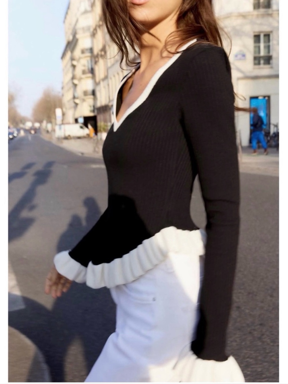 Zara Black Ribbed Sweater Ruffle Hem Deep V Neck Contrast Trim Size Medium